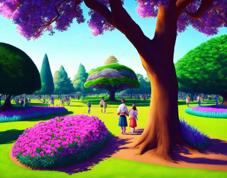 Lush Park Landscape with Purple Flowering Trees