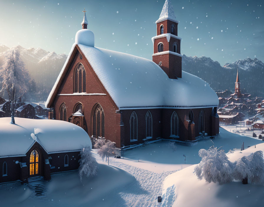 Snow-covered church in wintery landscape with illuminated windows