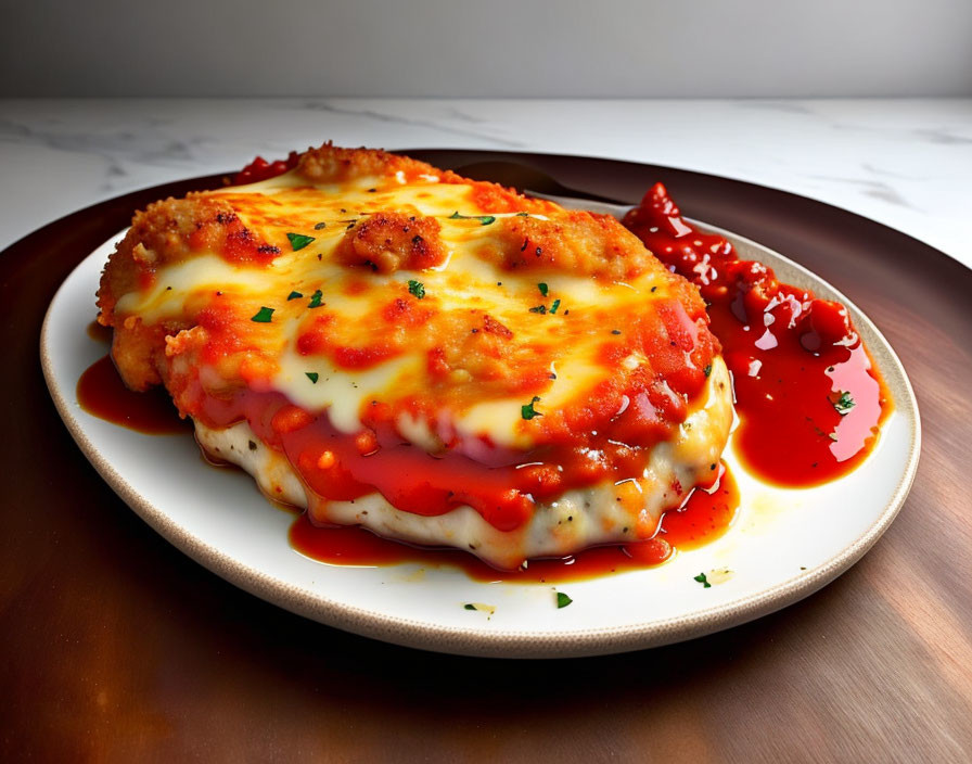 Cheesy Chicken Parmesan with Marinara Sauce on Beige Plate