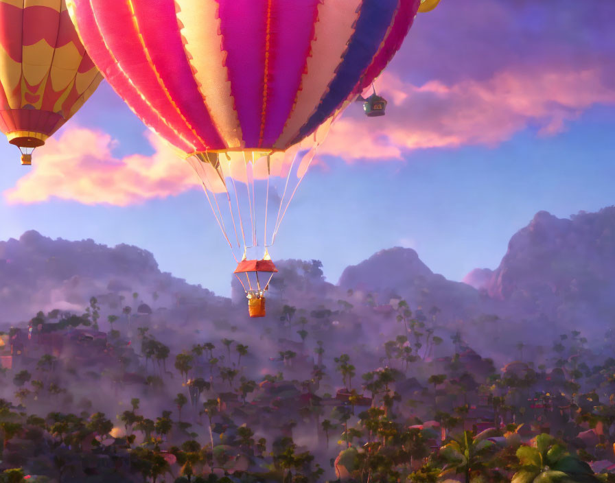 Vibrant hot air balloons over misty sunrise landscape