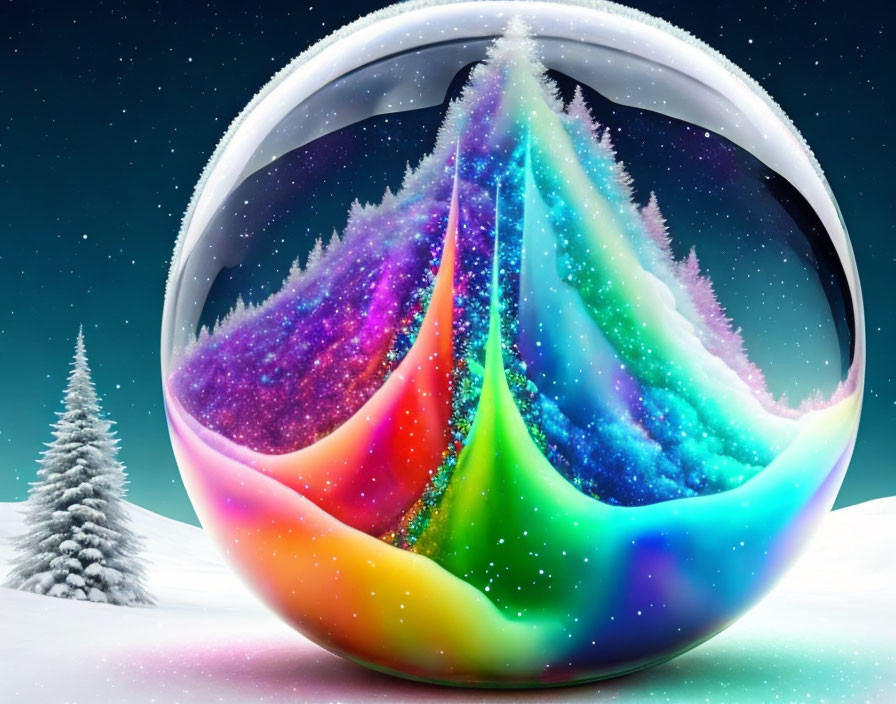 Vibrant Christmas tree in snow globe on snowy night landscape