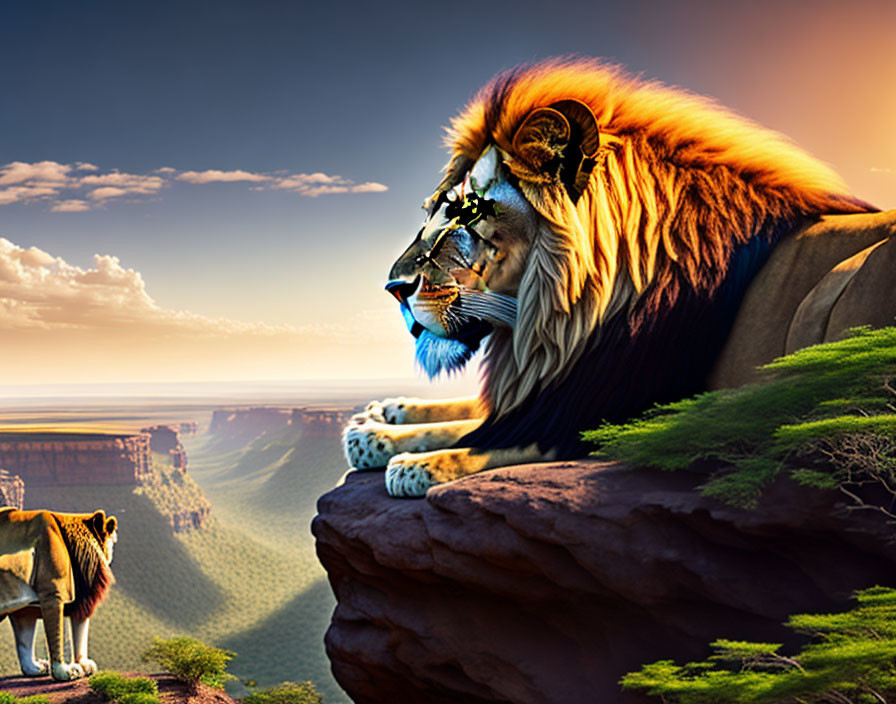 Majestic lion with detailed mane overlooking canyon with another lion