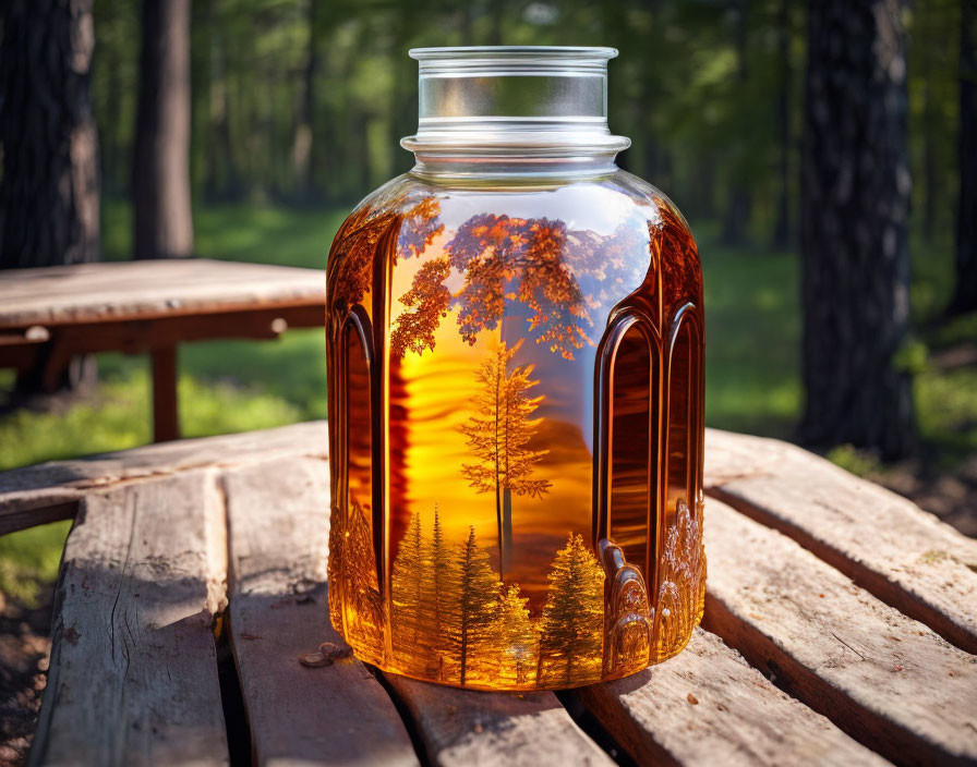 Intricately designed glass jar on wooden table reflects sunset and forest.