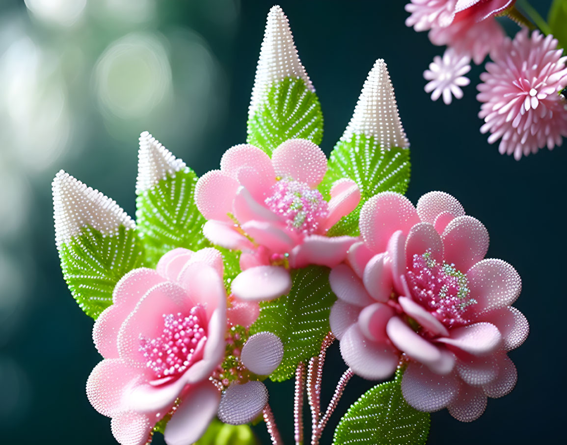 Stylized pink flowers with dotted patterns on blurred green background