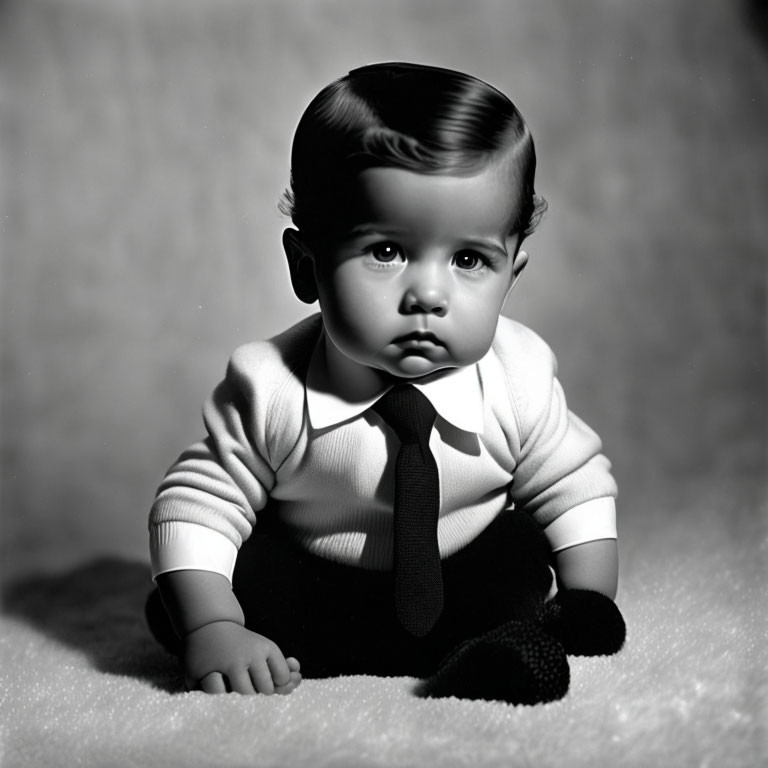 Monochrome baby portrait in formal attire against textured backdrop