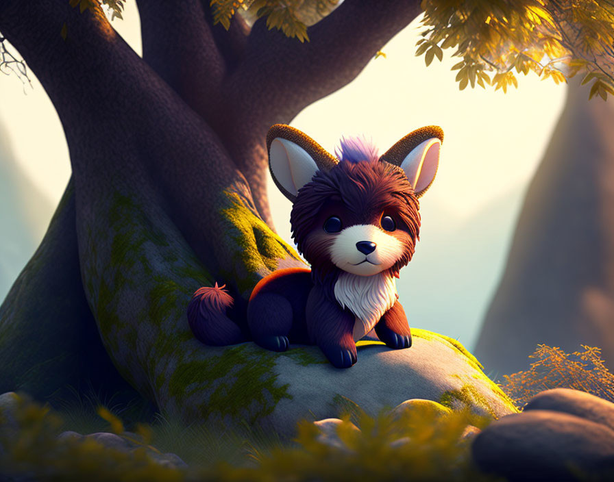 Stylized animated fox on mossy rock in forest with sunlight