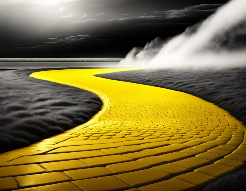 Yellow Brick Road Through Dramatic Grayscale Dreamscape