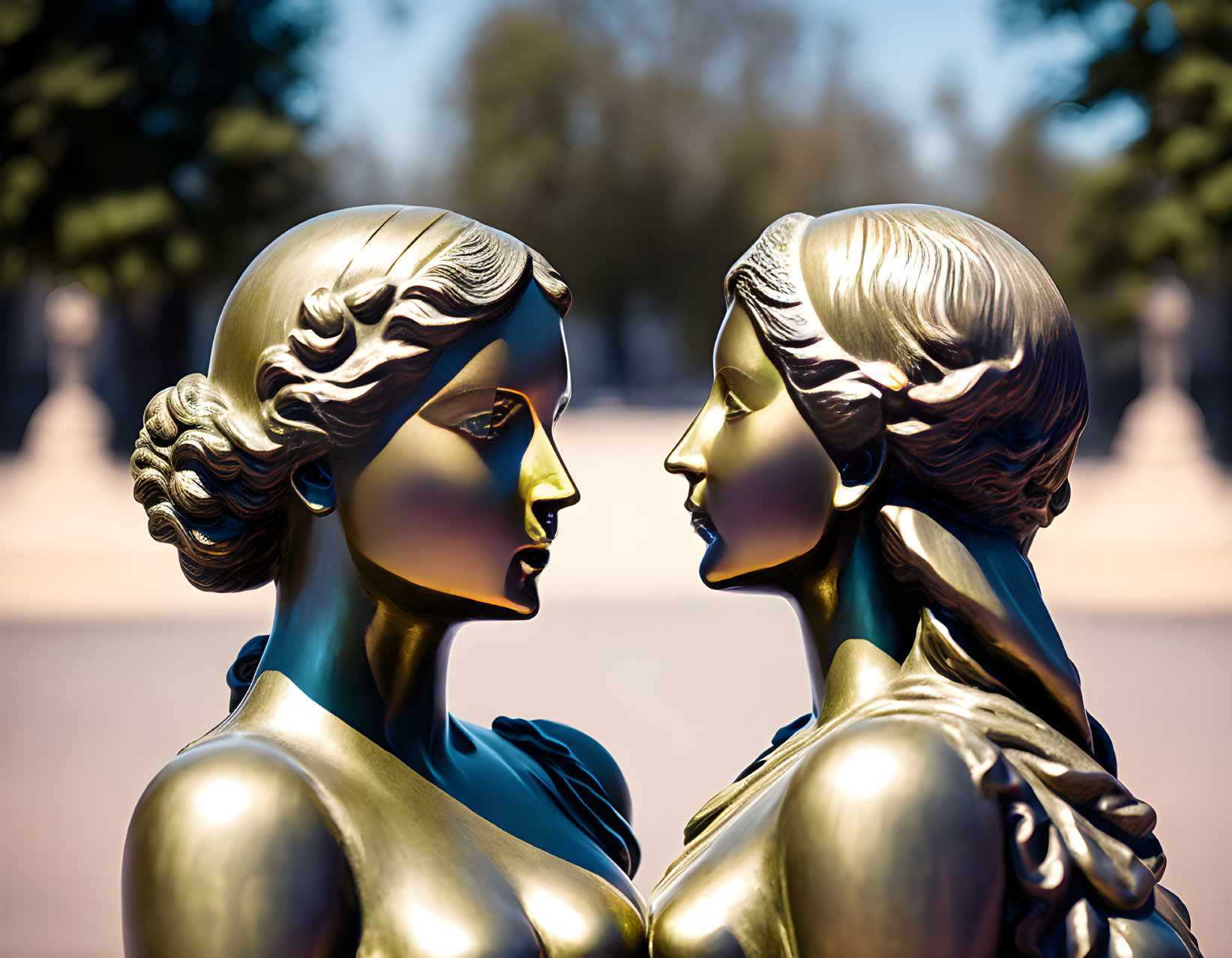 Bronze sculptures of female figures with elaborate hairstyles facing each other