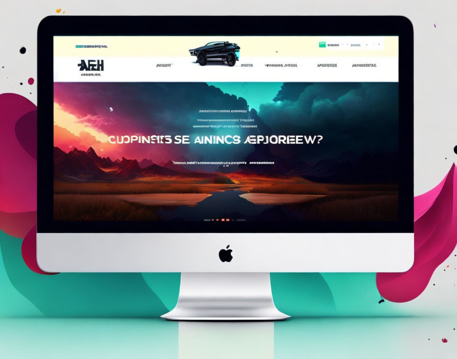 Colorful website with mountain landscape on iMac screen on teal and pink desk