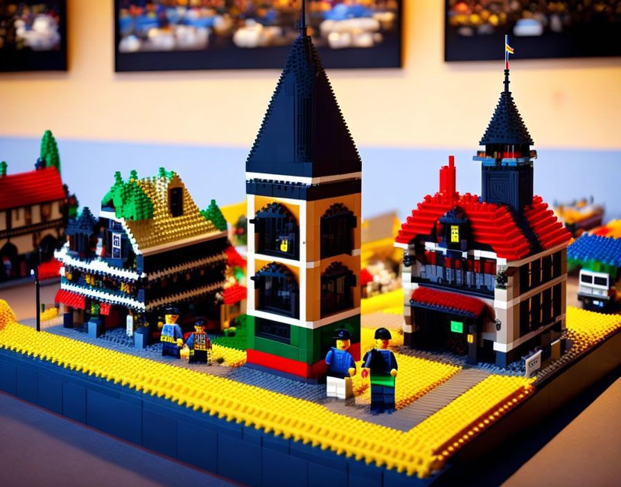 Vibrant Lego houses on Lego street with intricate designs and figures