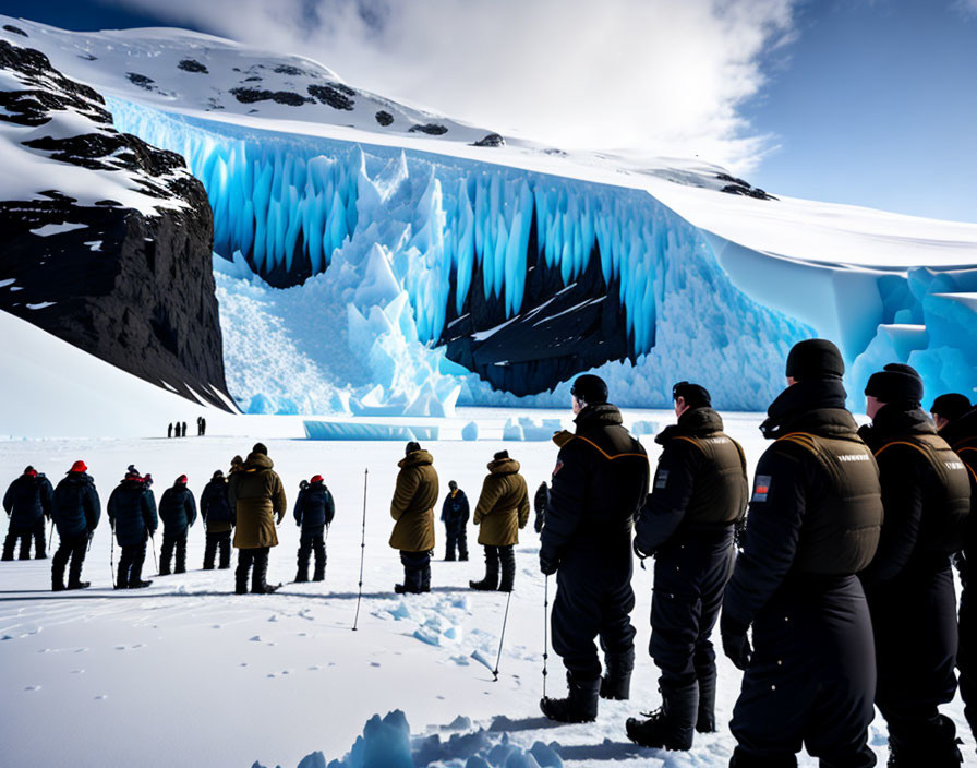 Group in cold-weather gear observing massive blue glacier in snowy polar landscape