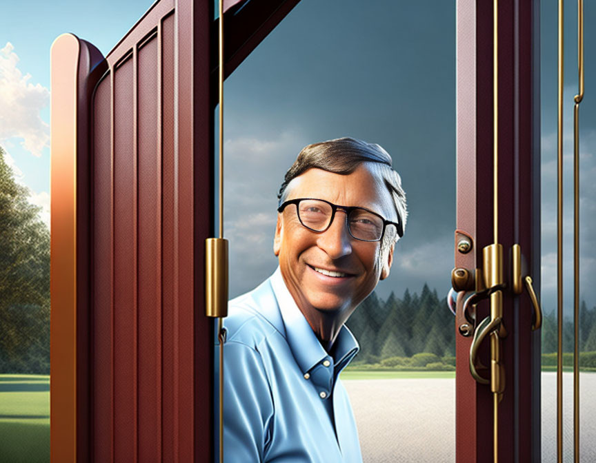 Man with Glasses Smiling Through Open Door to Sunny Field