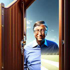 Man with Glasses Smiling Through Open Door to Sunny Field