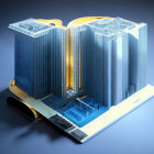 Modern 3D architectural blueprint of urban development with truck and physical plans on blue background