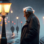 Snow-covered street scene with elderly man by lamppost at dusk