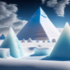 Surreal ice pyramid structures in snowy landscape under blue sky