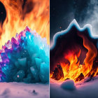 Vibrant digital artwork with fiery elements and colorful geode-like structures