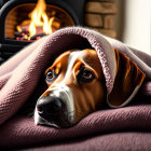 Serene dog snuggled under soft pink blanket on cushioned surface