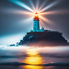 Majestic lighthouse on rocky cliff shines beacon at twilight