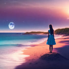 Woman in blue dress gazes at moon on beach at twilight