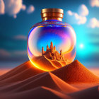 Mystical potion bottle with enchanted castle in sandy dunes