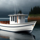 White Cabin Cruiser Boat with Red Seats on Calm Blue Water Near Forest