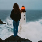 Person standing on rocky shoreline facing white lighthouse amid crashing waves