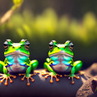 Three Green Frogs with Black Markings and Orange Feet on Green Background