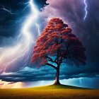 Red-foliaged lone tree on hill under stormy sky with lightning bolts