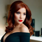 Red-haired woman in black off-shoulder top with red lipstick gazes sideways.