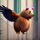 Bear with wings flying through urban street blending natural with fantastical