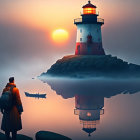 Person admiring red-and-white lighthouse by calm water at sunset