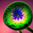 Colorful flower reflected in water droplet on pink surface