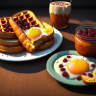 Delicious waffles, berries, eggs, jam, and hot beverage on wooden table