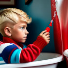 Blond-Haired Child with Toy Gun by Window