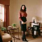 Vintage-style woman in brown blouse and black skirt in elegant room with fireplace and window.