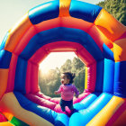 Cheerful toddler with ponytail playing in colorful bounce house