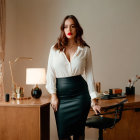 Confident professional woman in white blouse and black skirt in office setting