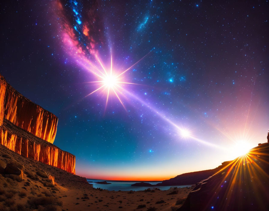 Starry night sky over desert cliffs and calm sea