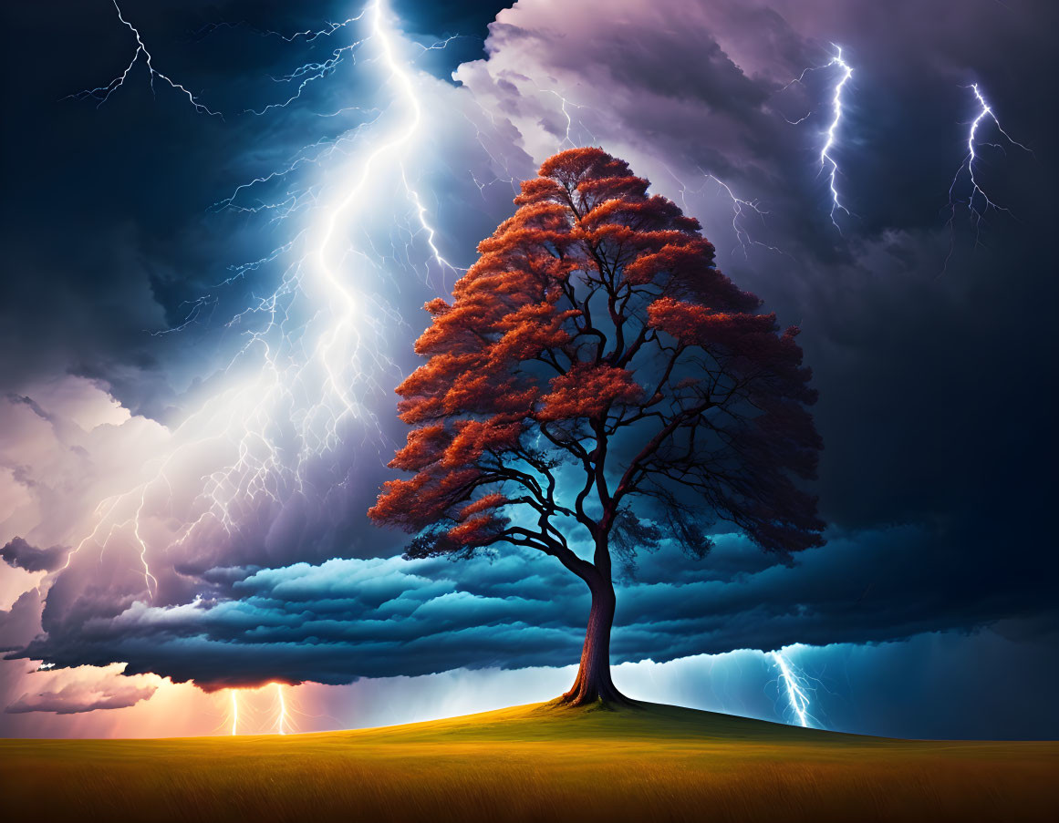 Red-foliaged lone tree on hill under stormy sky with lightning bolts