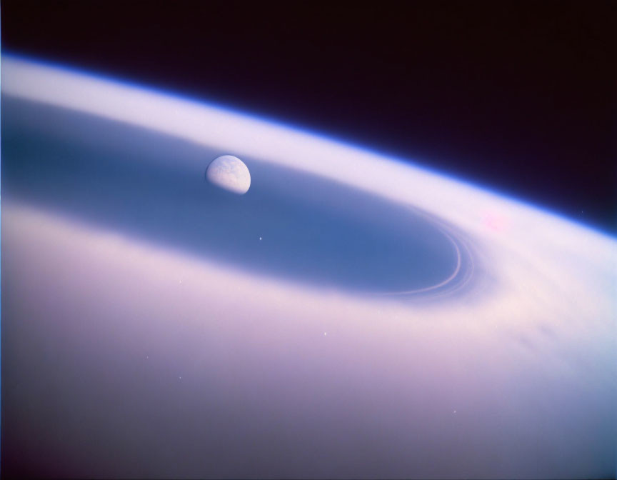 Moon above Earth's horizon with blue atmospheric glow