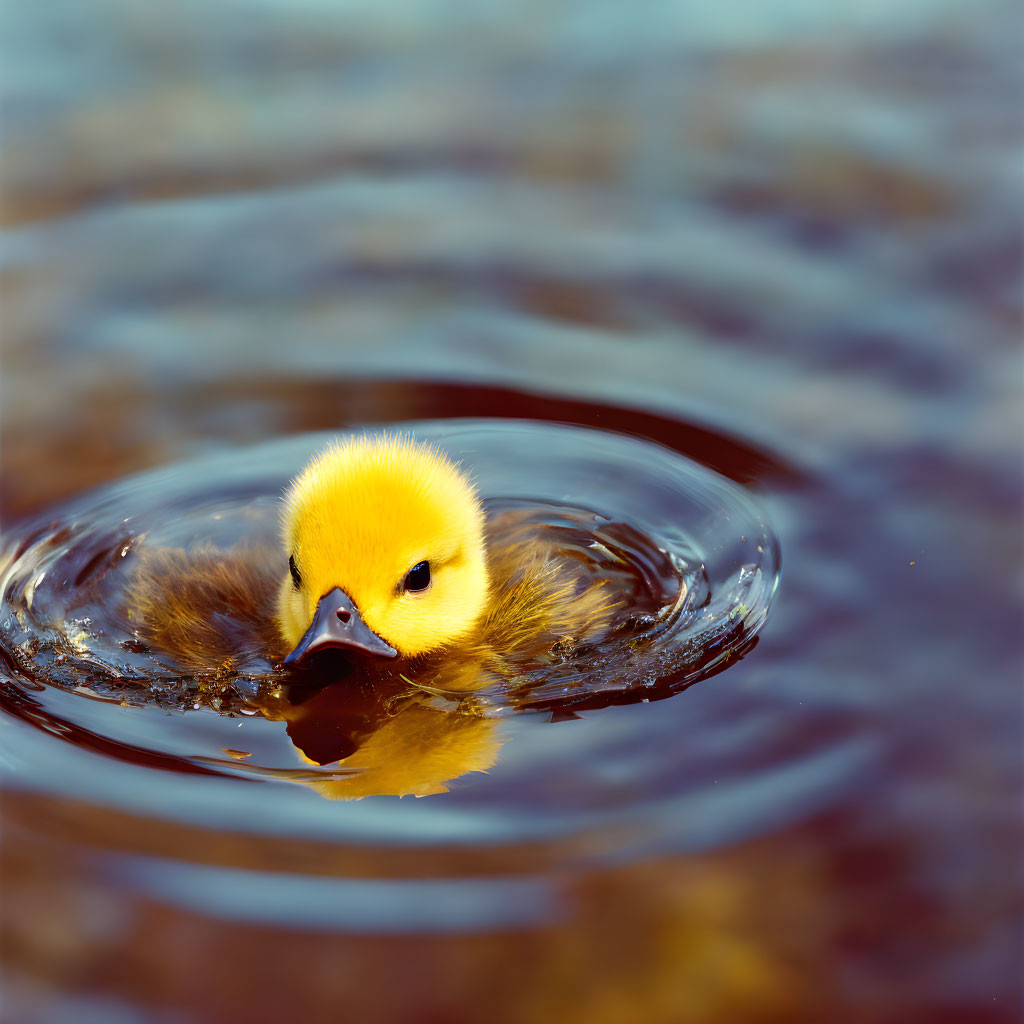 Yellow Duckling Swimming in Water Creating Ripples