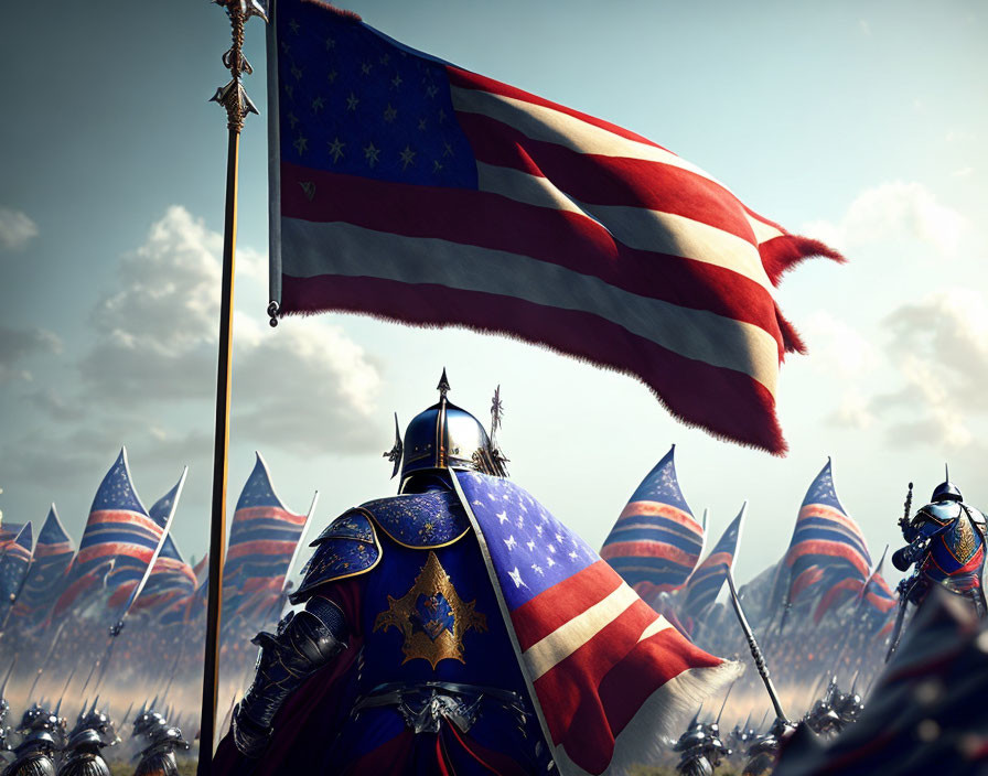 Armored knight with American flag staff among multiple flags in field