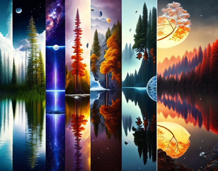 Composite images of forest reflections in water across seasons and times of day with celestial backgrounds.