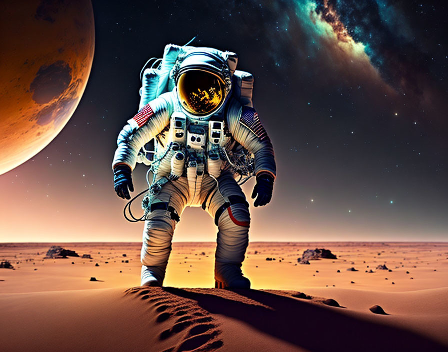 Astronaut in space suit on Mars-like terrain with planet and stars.