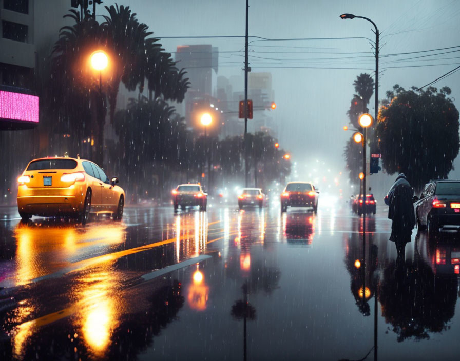 Twilight city street with glowing traffic lights, car headlights, and pedestrian.