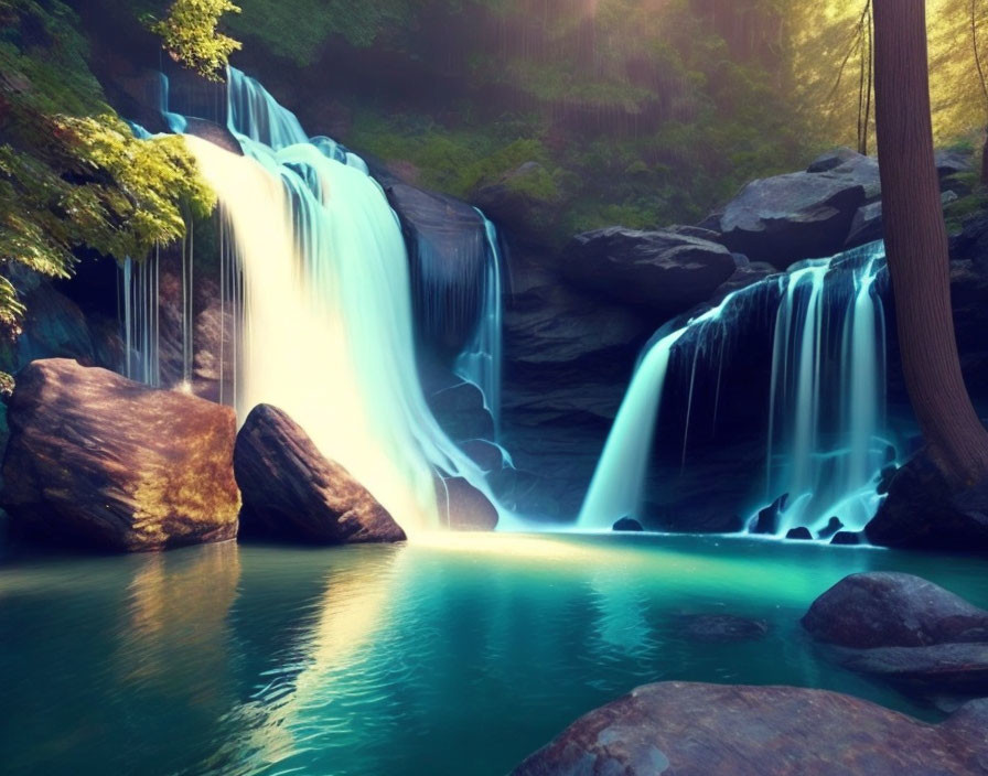 Tranquil Waterfall in Lush Greenery and Turquoise Pool