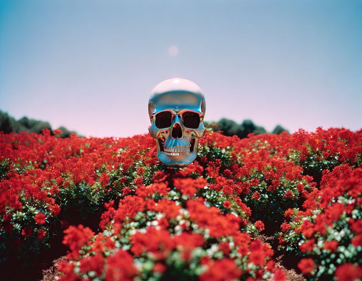 Golden human skull surrounded by red flowers under blue sky