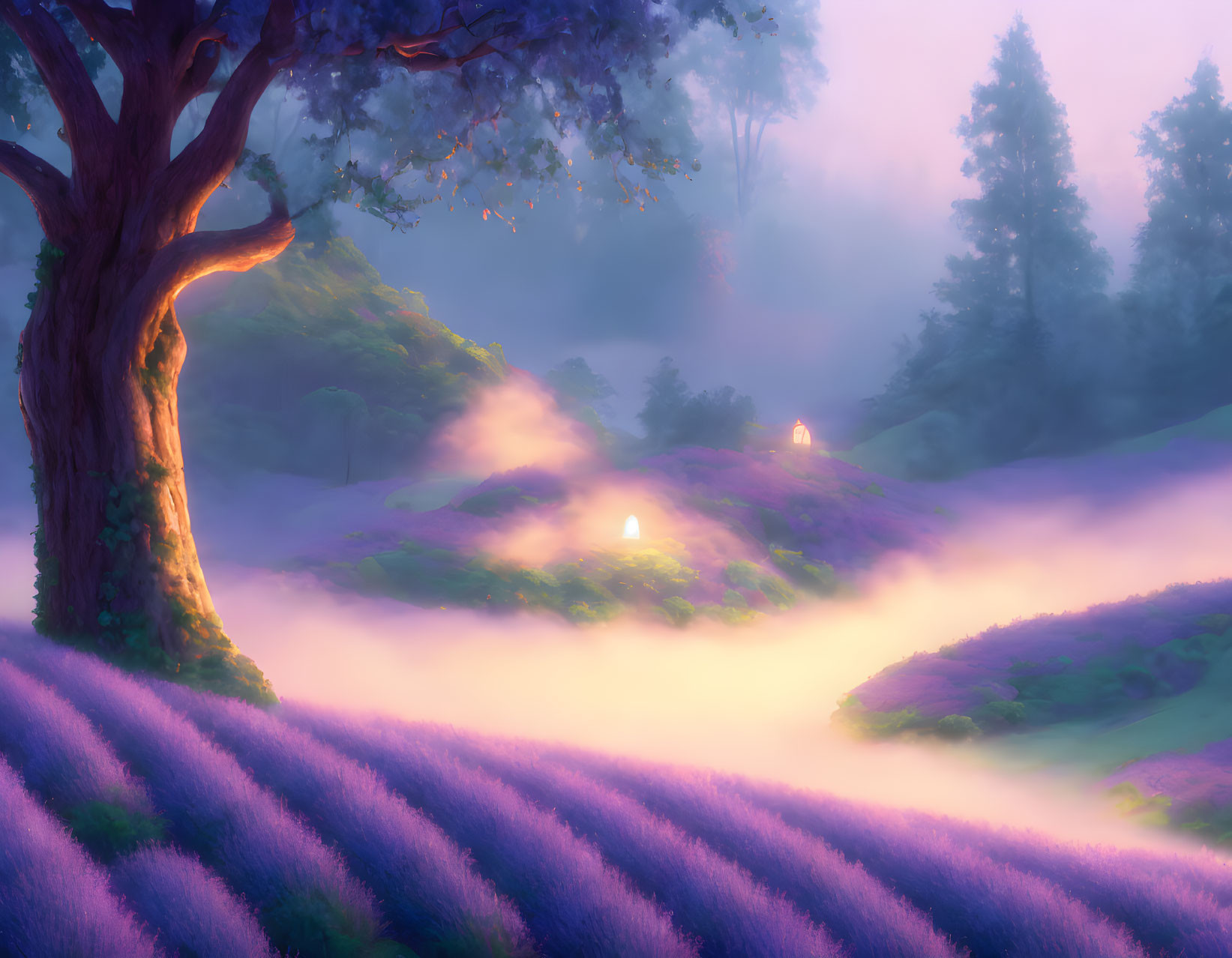 Mystical landscape with large tree, purple flowers, soft fog, warm glow