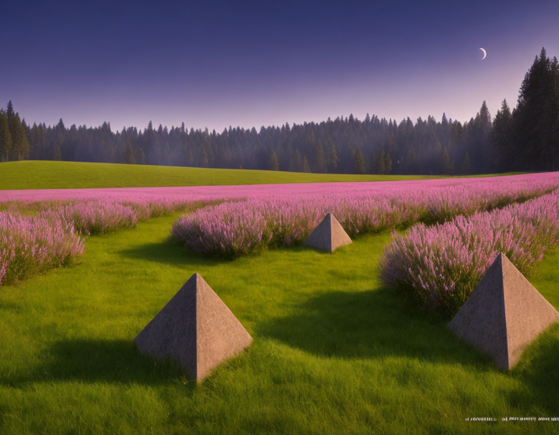 Tranquil twilight scene with purple flowers, pyramids, trees, and moon